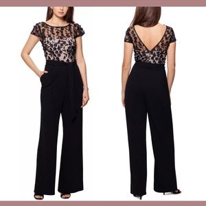 NWT $249 Xscape [ Petite 2P ]‎ Floral 3D Embellished Wide Leg Jumpsuit  Black